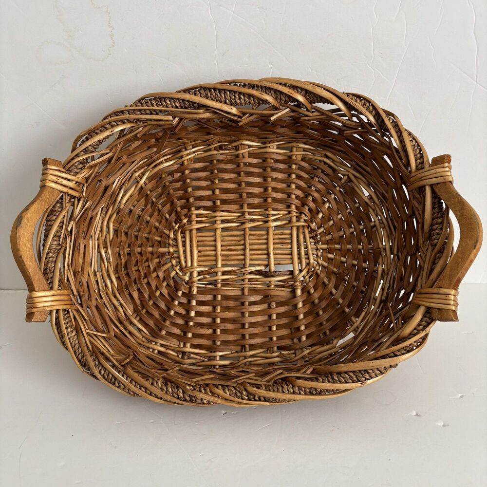 Oval Wicker Basket Bread Baguette With Handless Fruit, Flowers,  17"x 12"x 4"